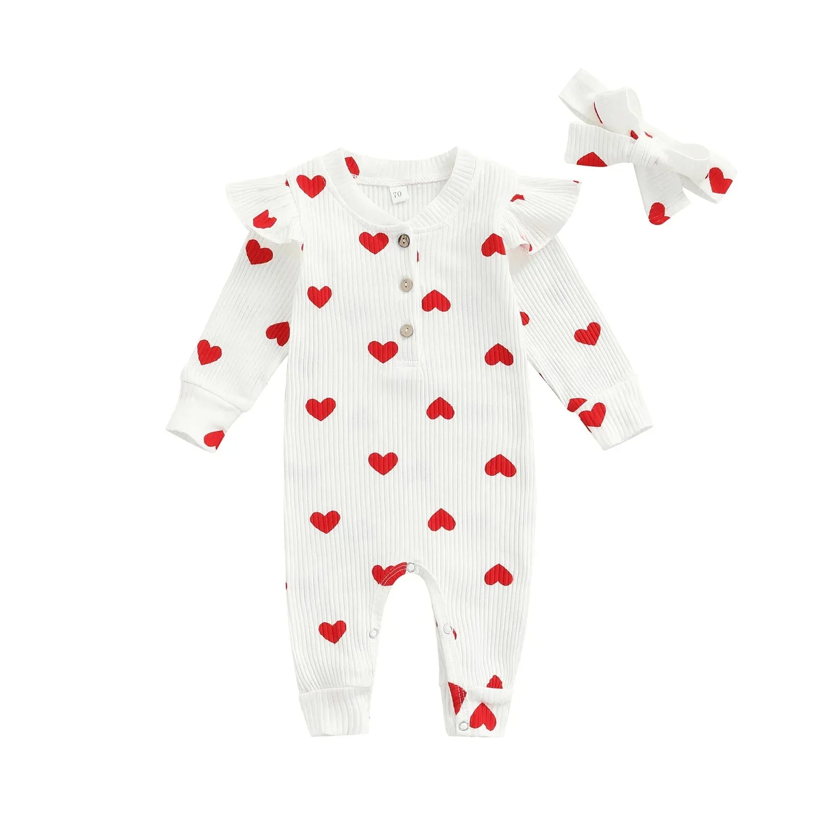 0-18M Newborn Baby Girls' Romper in Sweet Heart Prints - Long Sleeve Crew Neck Jumpsuit With Bow Knot Headdress