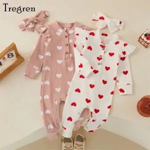 0-18M Newborn Baby Girls' Romper in Sweet Heart Prints - Long Sleeve Crew Neck Jumpsuit With Bow Knot Headdress