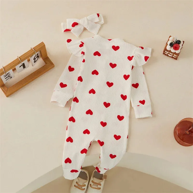 0-18M Newborn Baby Girls' Romper in Sweet Heart Prints - Long Sleeve Crew Neck Jumpsuit With Bow Knot Headdress