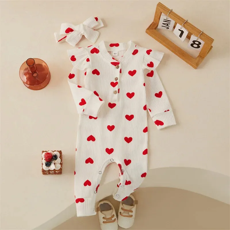 0-18M Newborn Baby Girls' Romper in Sweet Heart Prints - Long Sleeve Crew Neck Jumpsuit With Bow Knot Headdress