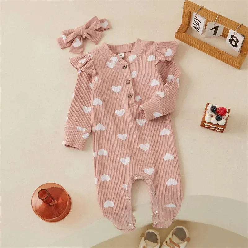 0-18M Newborn Baby Girls' Romper in Sweet Heart Prints - Long Sleeve Crew Neck Jumpsuit With Bow Knot Headdress