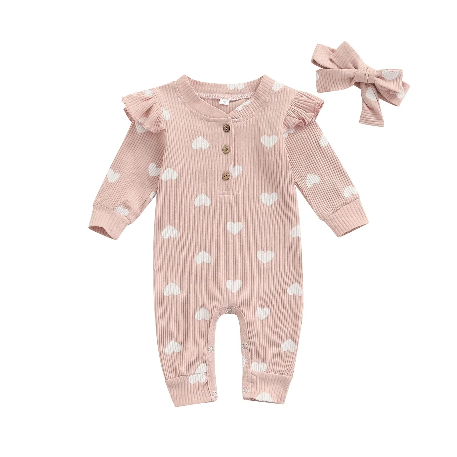 0-18M Newborn Baby Girls' Romper in Sweet Heart Prints - Long Sleeve Crew Neck Jumpsuit With Bow Knot Headdress