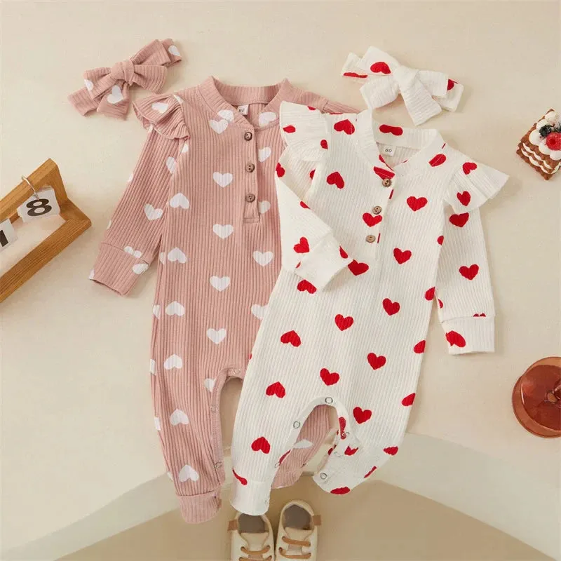 0-18M Newborn Baby Girls' Romper in Sweet Heart Prints - Long Sleeve Crew Neck Jumpsuit With Bow Knot Headdress