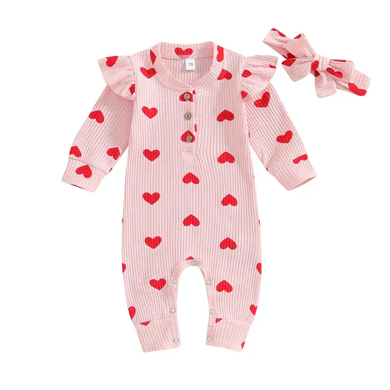 0-18M Newborn Baby Girls' Romper in Sweet Heart Prints - Long Sleeve Crew Neck Jumpsuit With Bow Knot Headdress