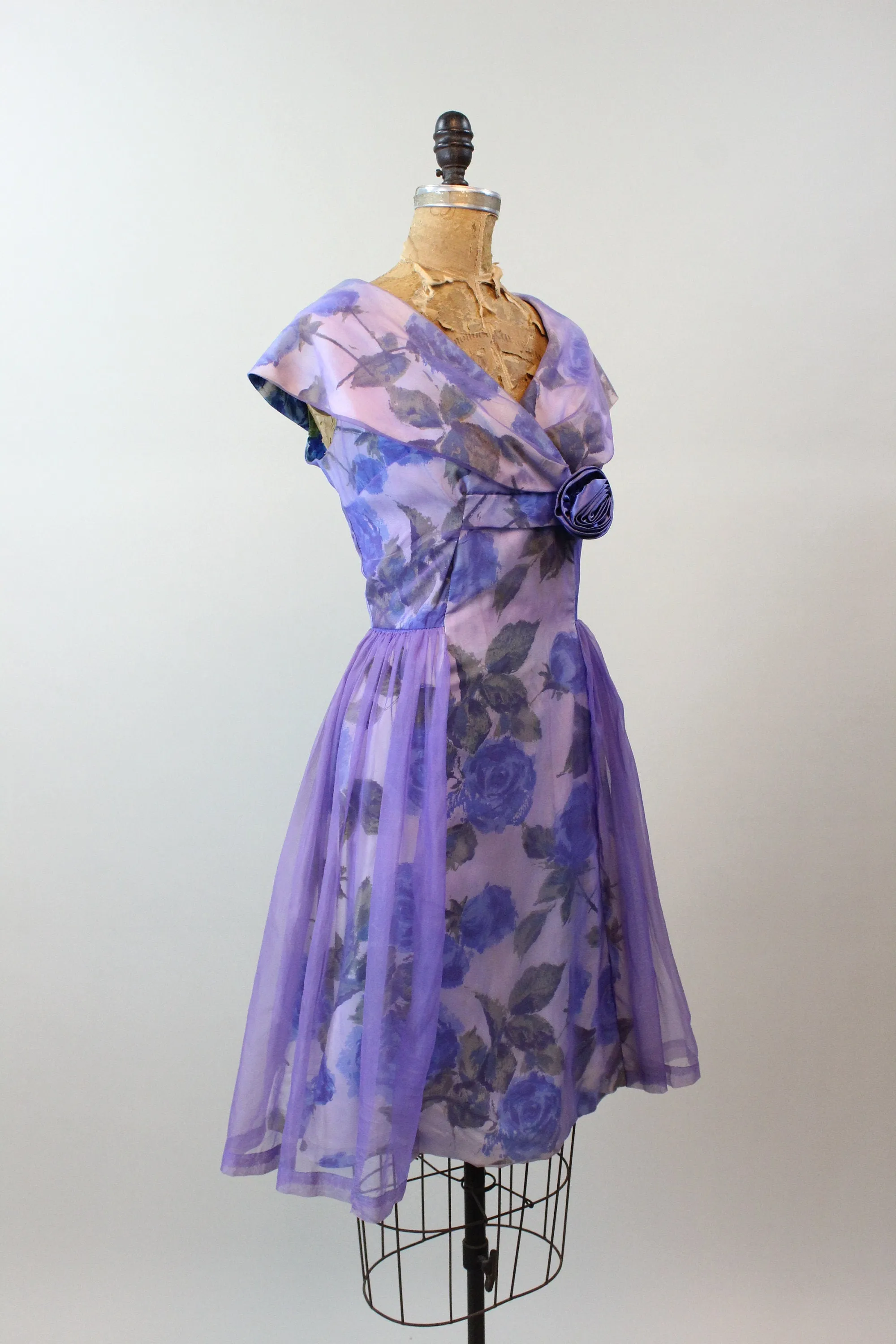 1950s BLUE ROSE PRINT organza dress medium | new spring summer