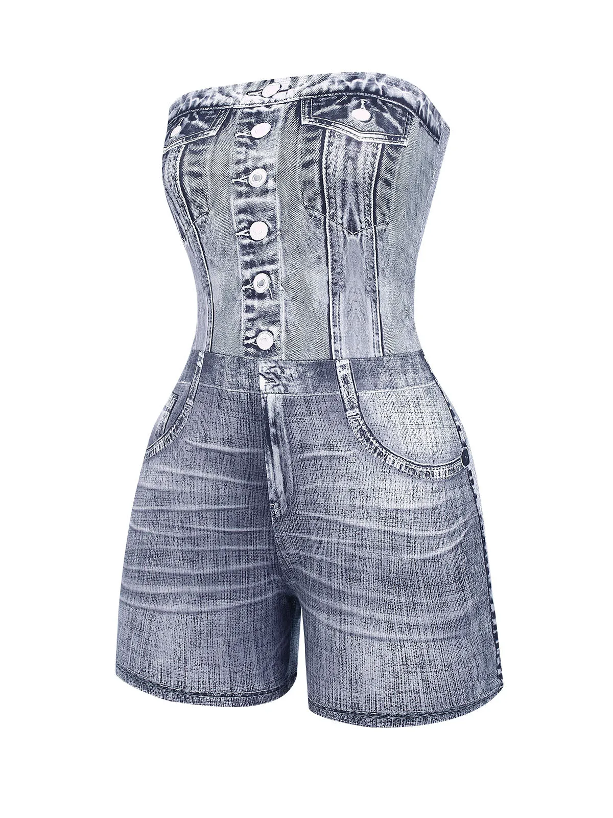 1950s Button Strapless Smocking Denim Romper