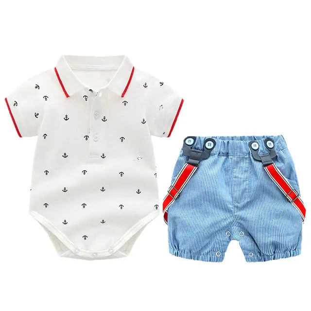 2 PCS Baby Boy Graphic Bowtie Romper Suspender Outfit for Boys