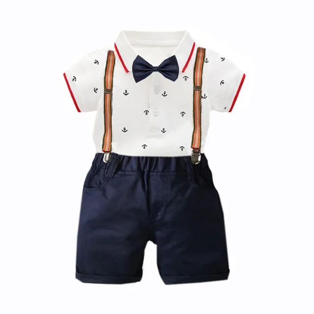 2 PCS Baby Boy Graphic Bowtie Romper Suspender Outfit for Boys