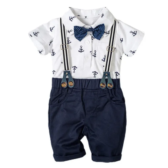 2 PCS Baby Boy Graphic Bowtie Romper Suspender Outfit for Boys