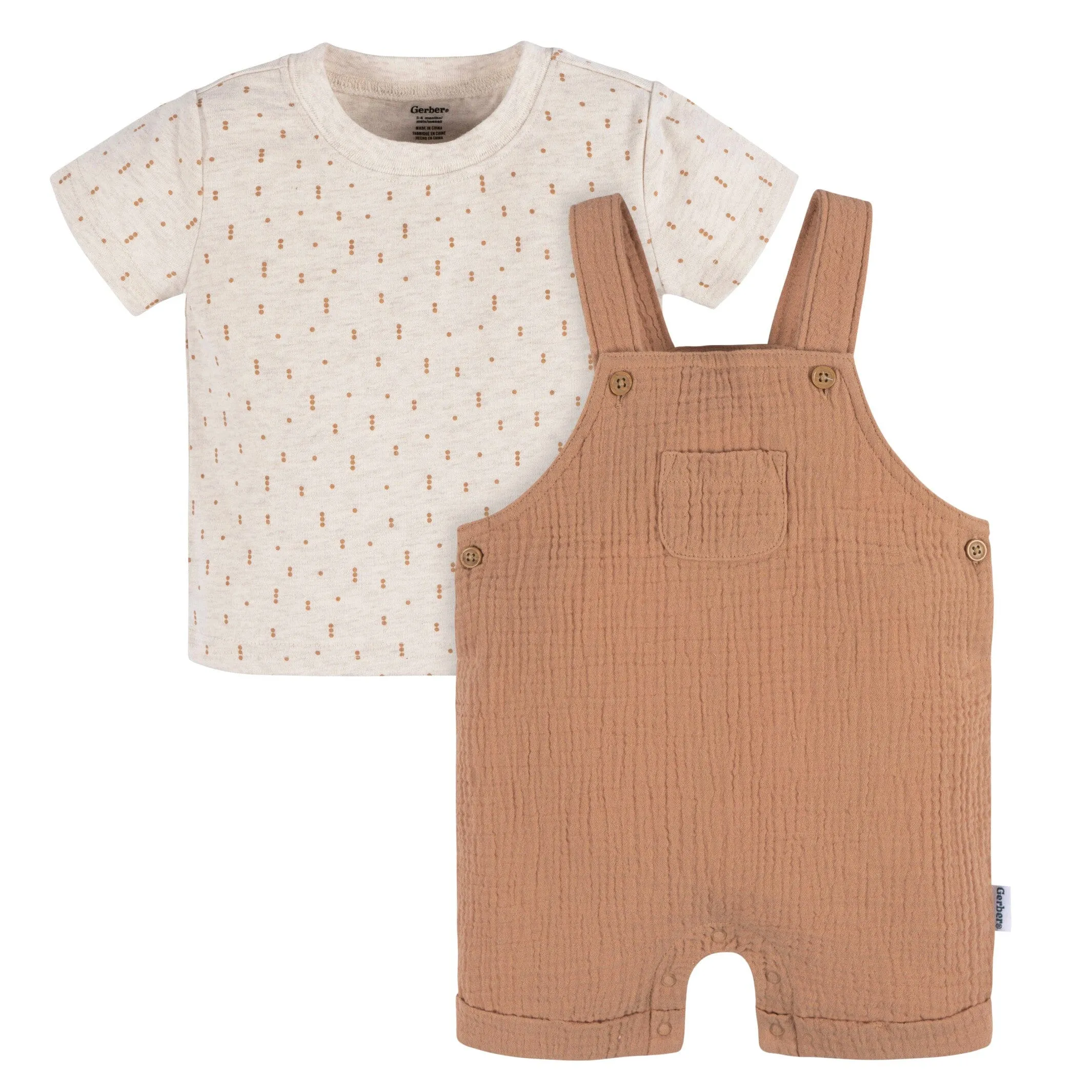 2-Piece Baby Neutral Dots Cotton Gauze Overall Romper and T-Shirt Set