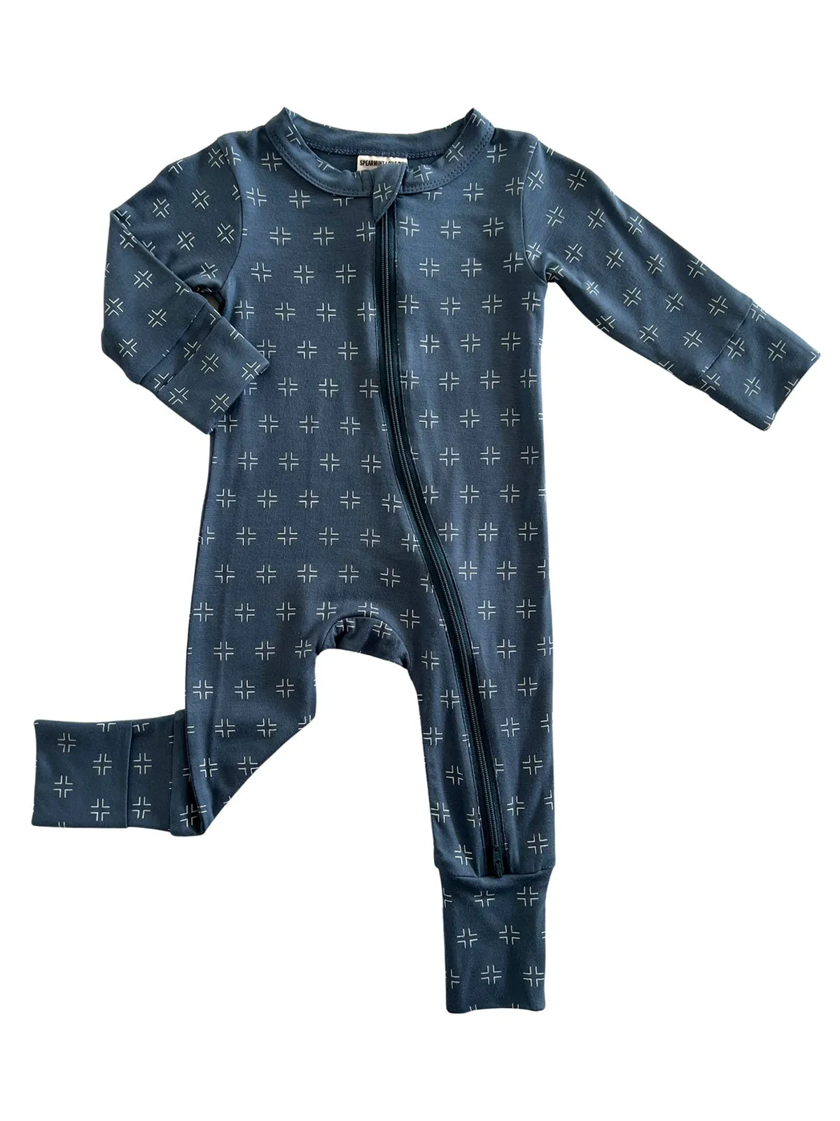 2-Way Convertible Zip Romper, Steel Blue Geo