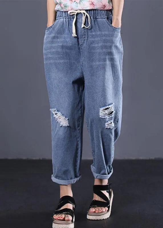 2019 new denim blue plus size pants elastic waist drawstring ripped Jeans