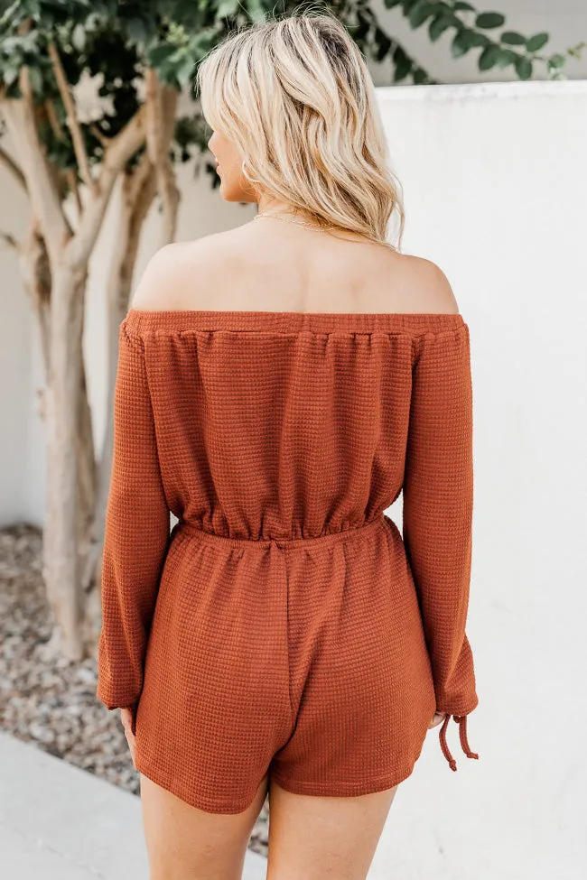 A Darling Day Rust Waffle Knit Off The Shoulder Romper FINAL SALE