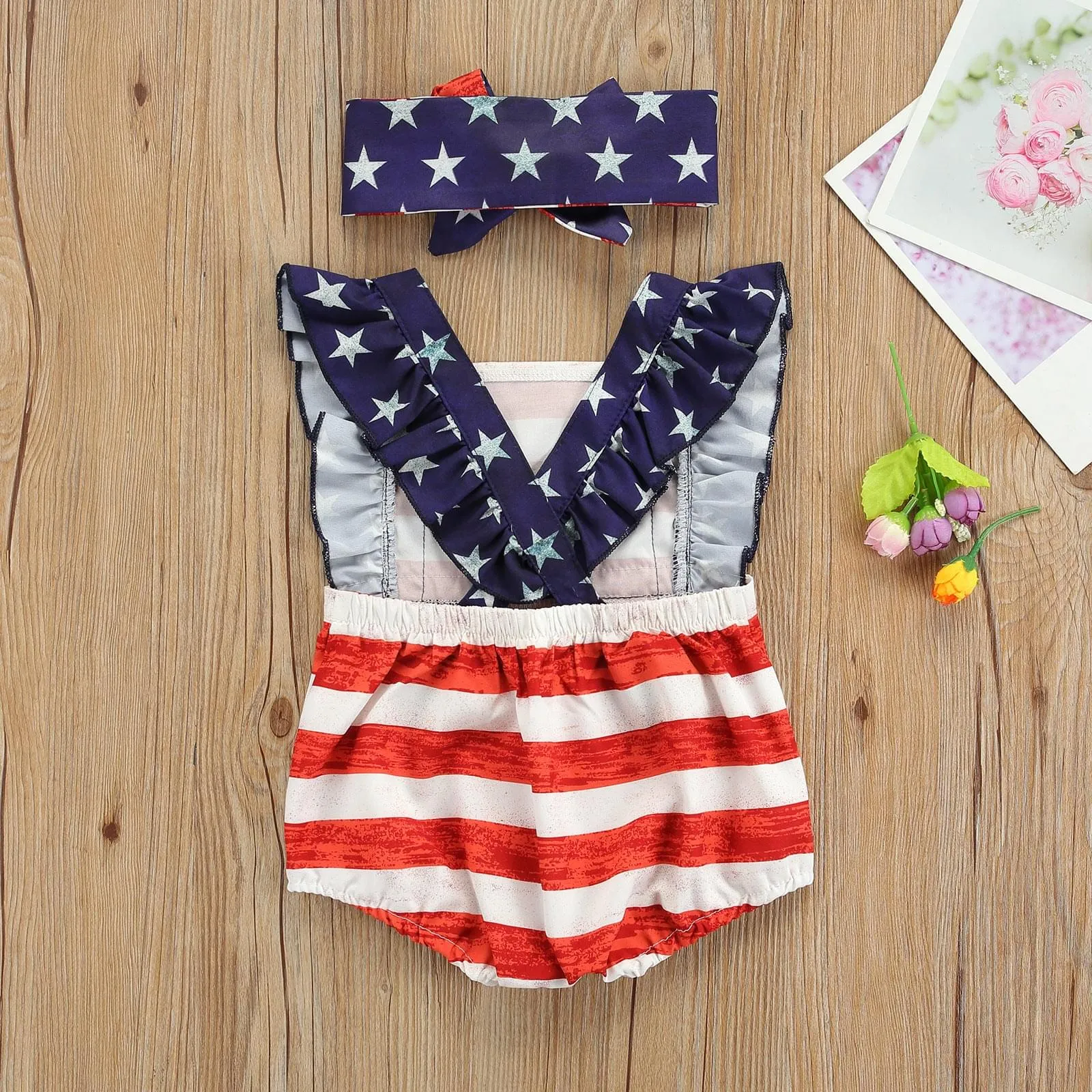 American Flag Baby Girl Romper & Headband