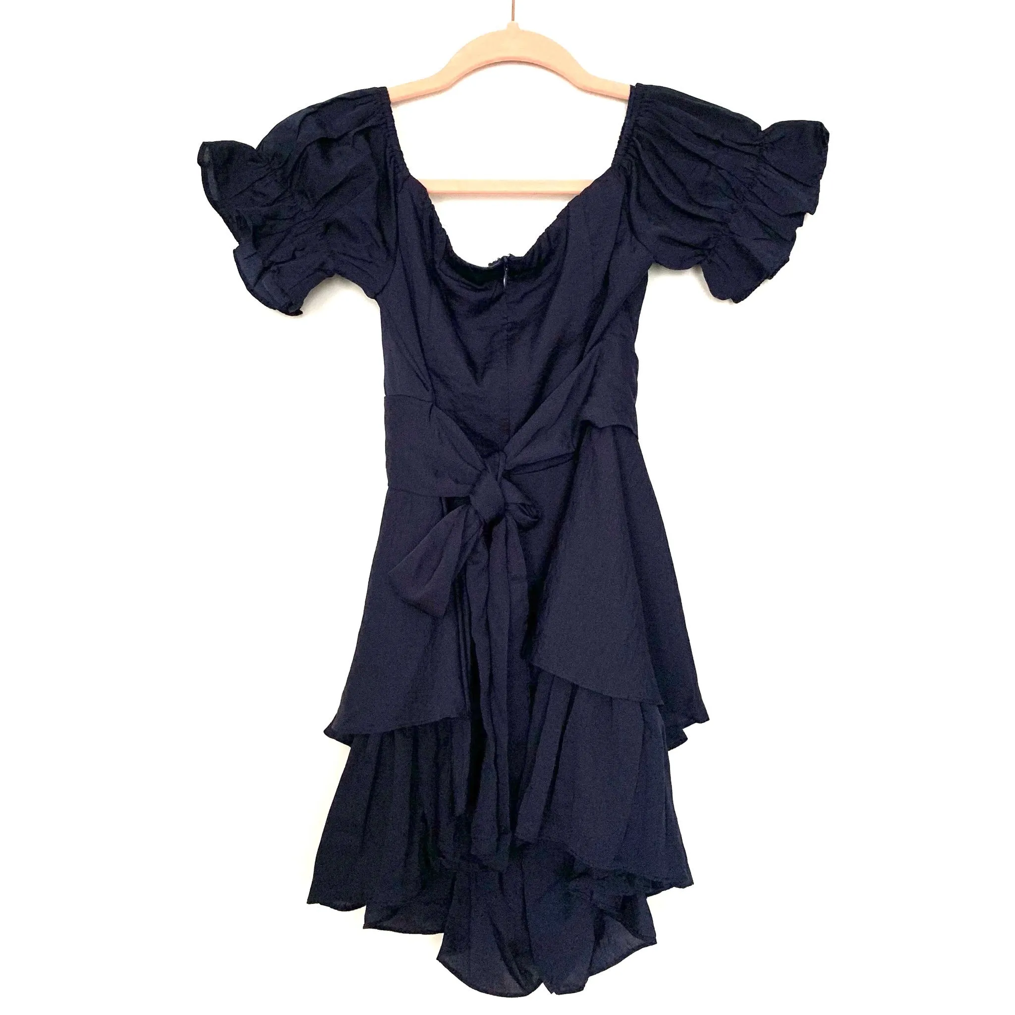 Angel Biba Navy Off the Shoulder Ruffle Tiered Hem Belted Romper NWT- Size M