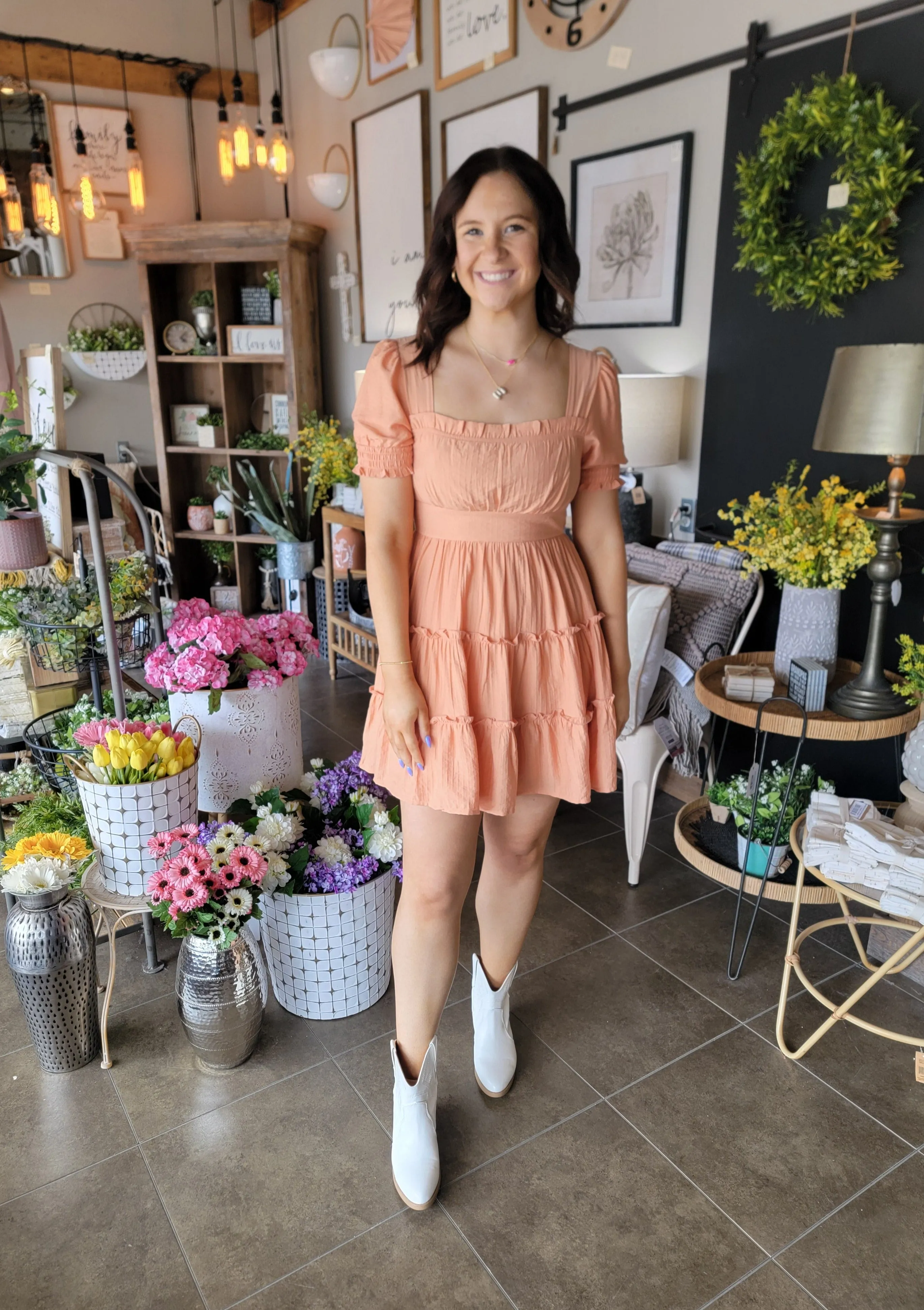 Apricot Square Neck Puff Dress