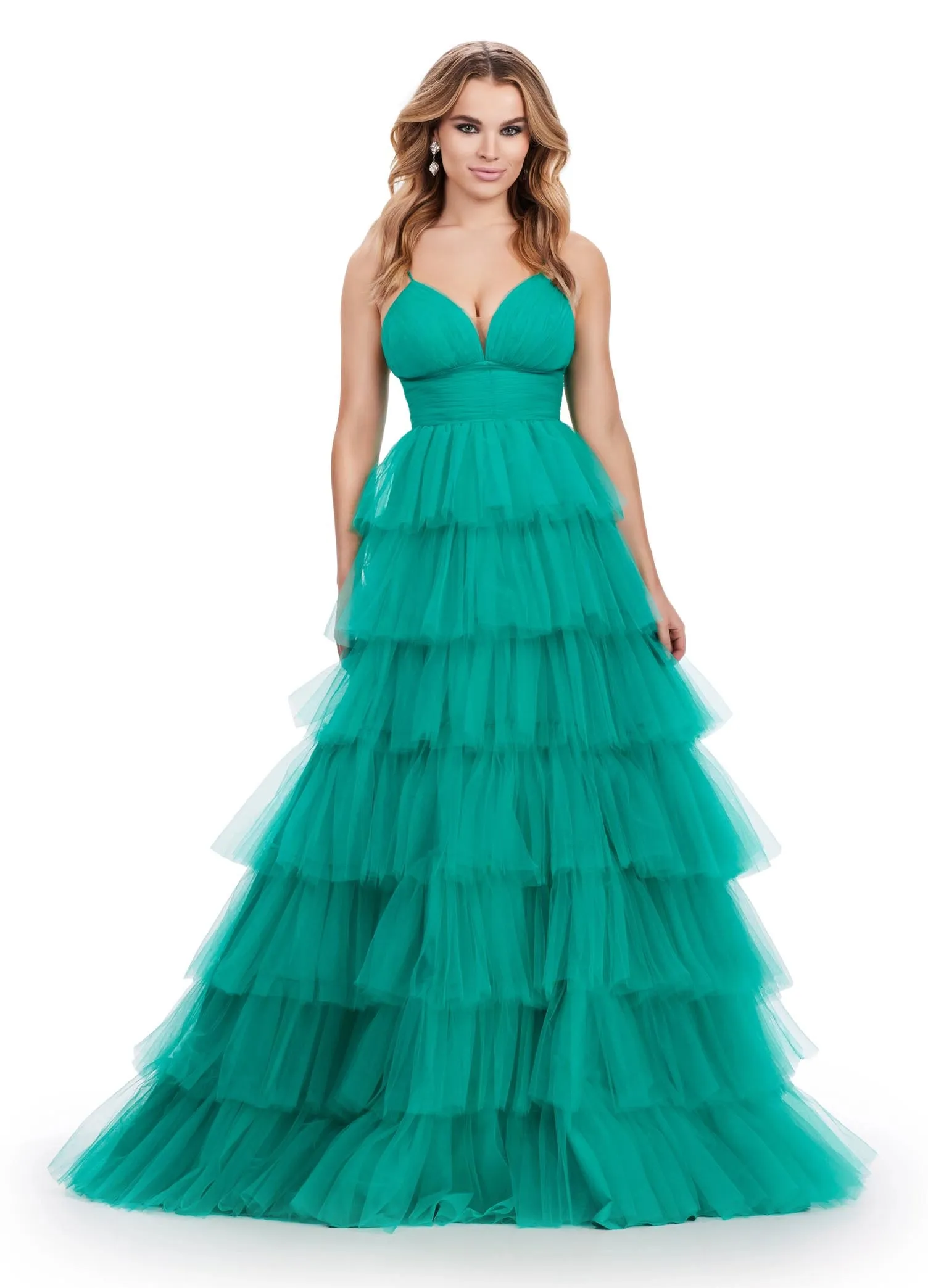 Ashley Lauren 11622 Long Layered Tulle A Line Prom Dress Formal Ballgown V Neck Formal Pageant