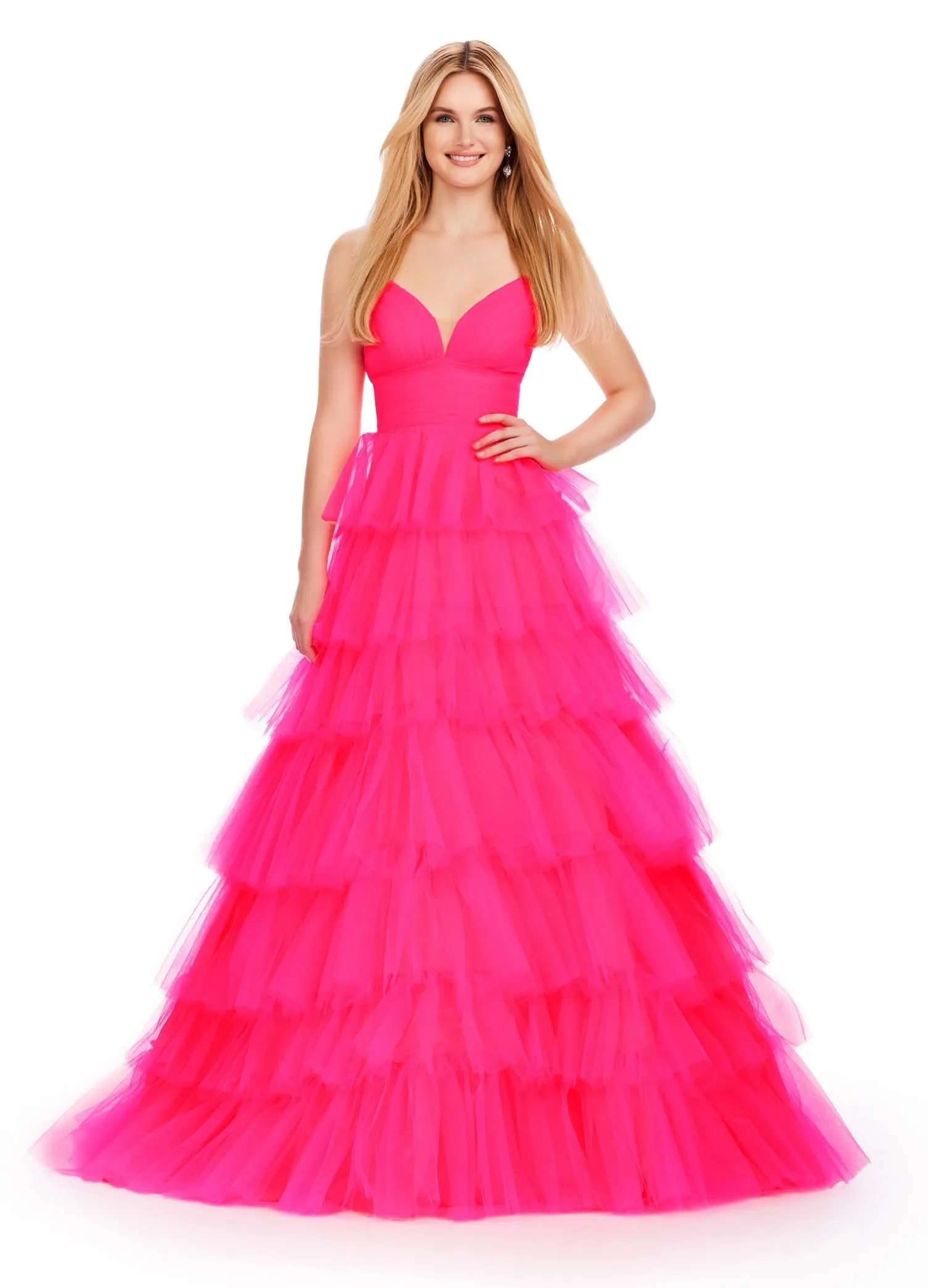 Ashley Lauren 11622 Long Layered Tulle A Line Prom Dress Formal Ballgown V Neck Formal Pageant