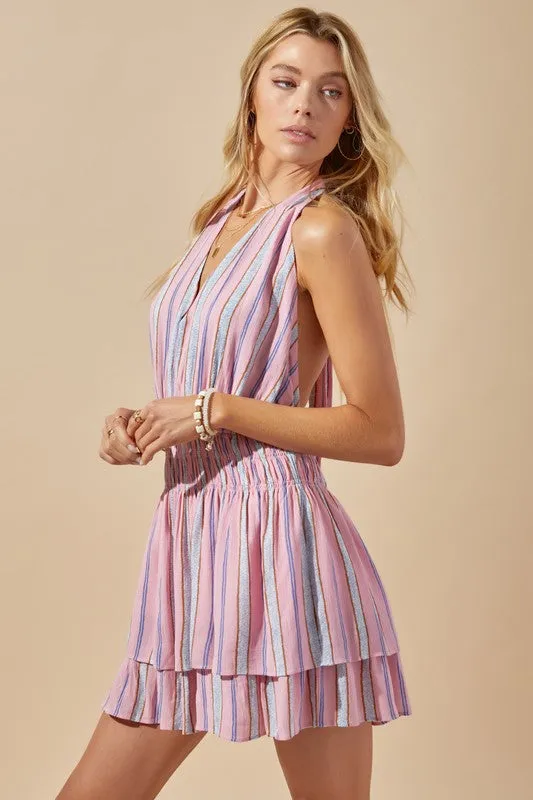 Atlantis V Neck Smocked Striped Mini Dress Romper - Pink