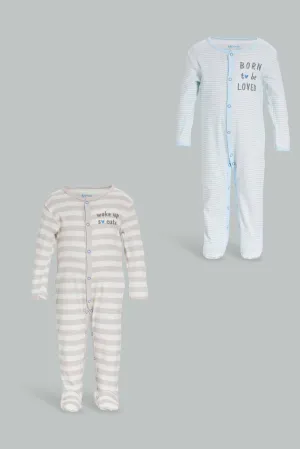 Babies Grey and Blue Striped Romper Set (Pack Of 2)