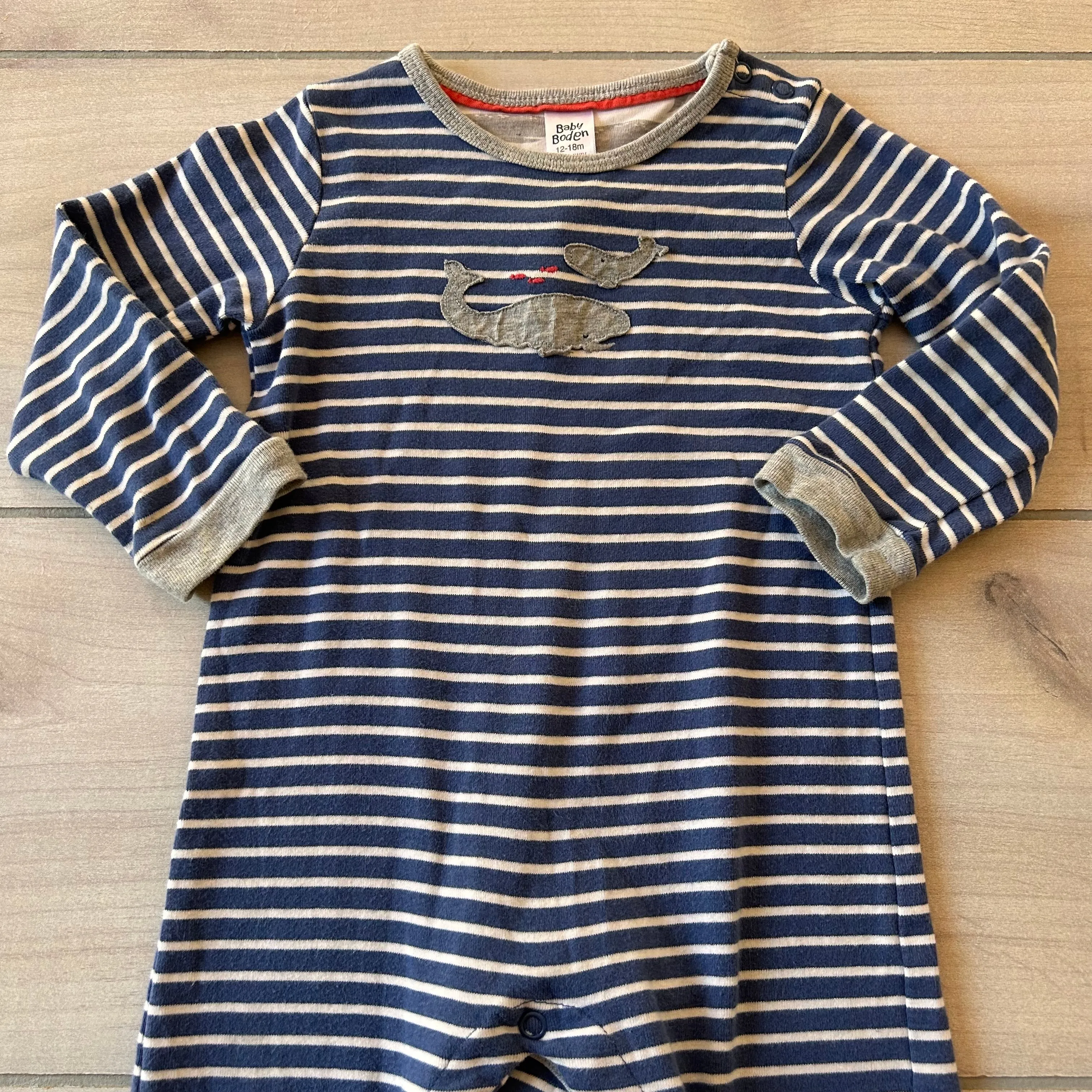 Baby Boden Striped Dolphin Applique Romper