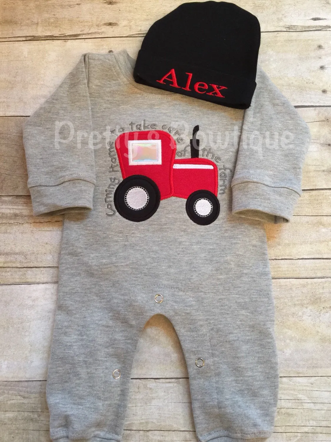 Baby Boy Coming Home Outfit -- Coming home to take care of the farm Romper with Hat with Embroidered Name