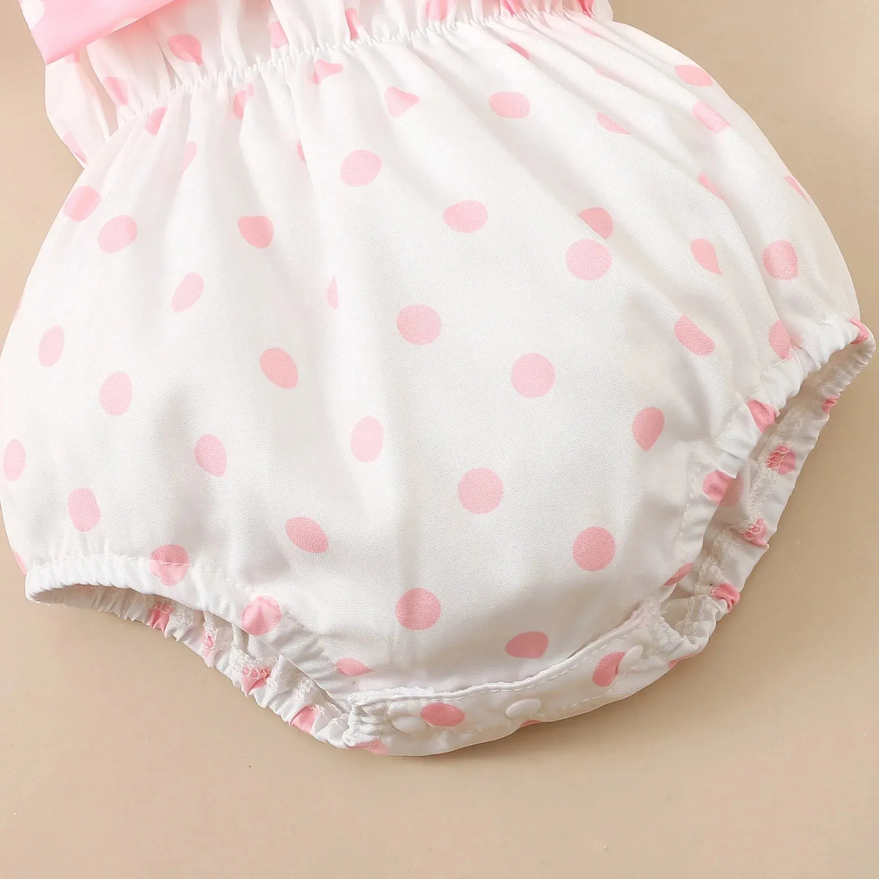 Baby Girl All over Dots Bowknot Sleeveless Spaghetti Strap Romper with Headband Set Soft and Comfortable 2pcs