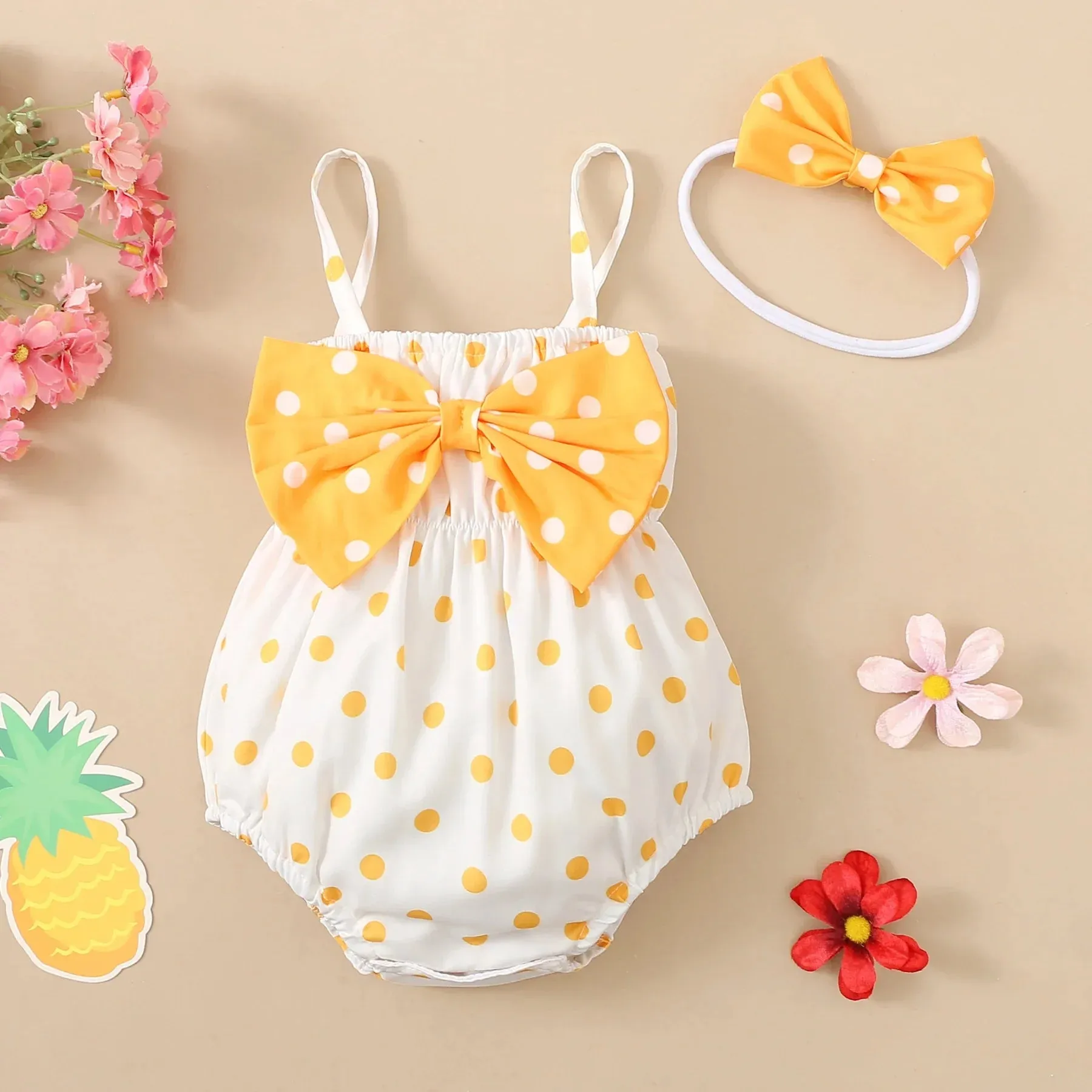 Baby Girl All over Dots Bowknot Sleeveless Spaghetti Strap Romper with Headband Set Soft and Comfortable 2pcs