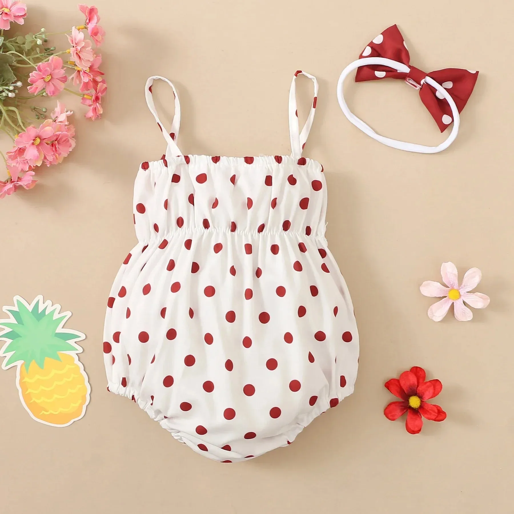 Baby Girl All over Dots Bowknot Sleeveless Spaghetti Strap Romper with Headband Set Soft and Comfortable 2pcs