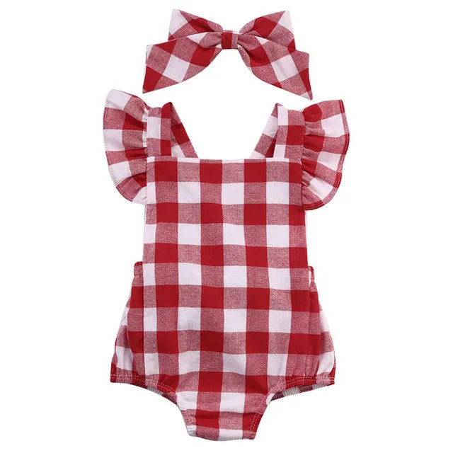 Baby Girl Plaid Gingham Romper Set - Red