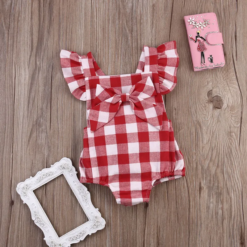 Baby Girl Plaid Gingham Romper Set - Red