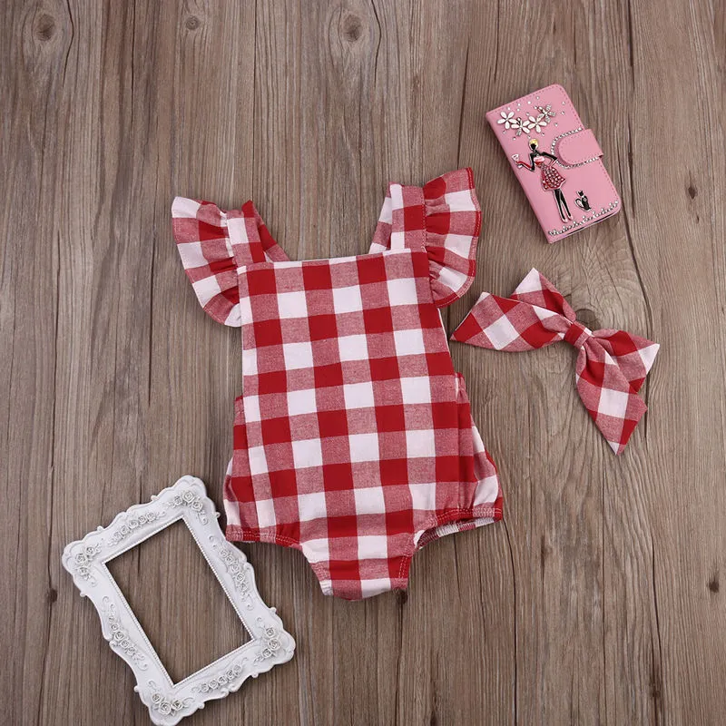 Baby Girl Plaid Gingham Romper Set - Red