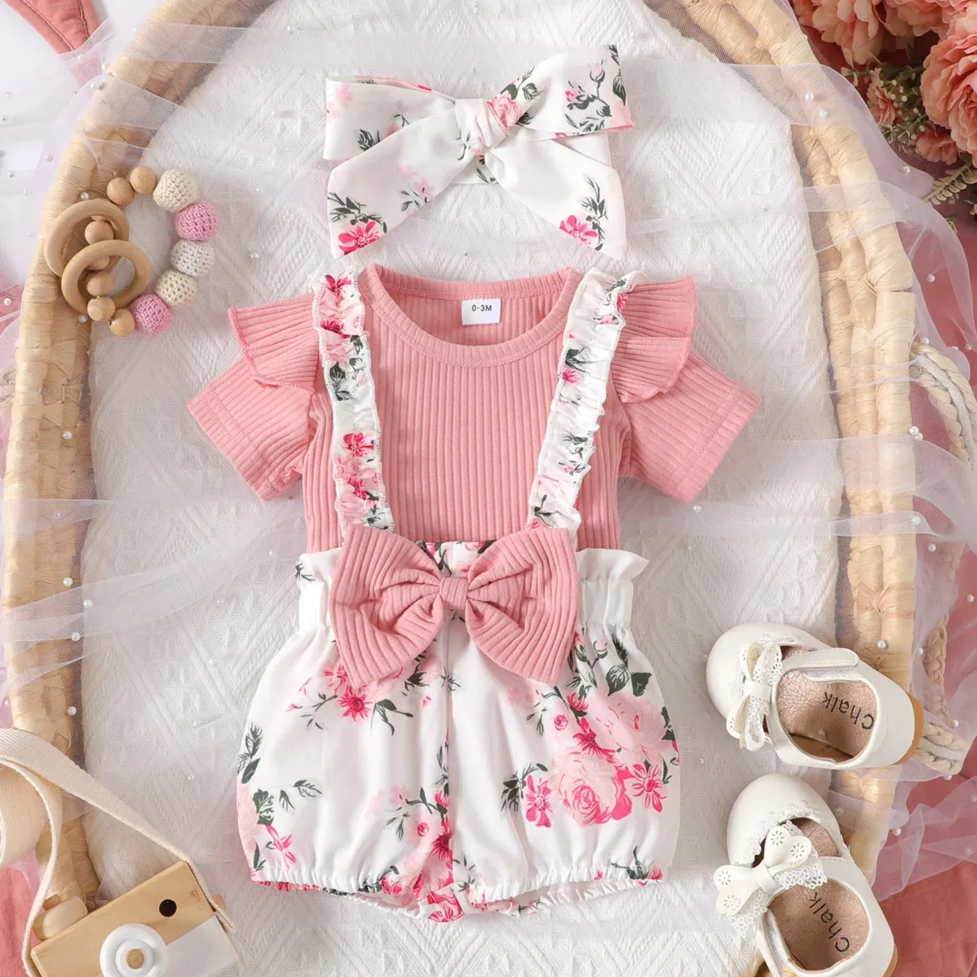 Baby Girl Solid Cotton Ribbed Ruffle Short-sleeve Romper and Floral Print Suspender Shorts & Headband Set 3pcs