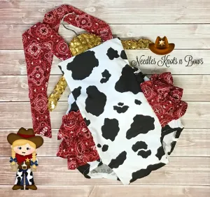 Baby Girls Cow Print Bandana Romper, Cowgirl Western Outfit