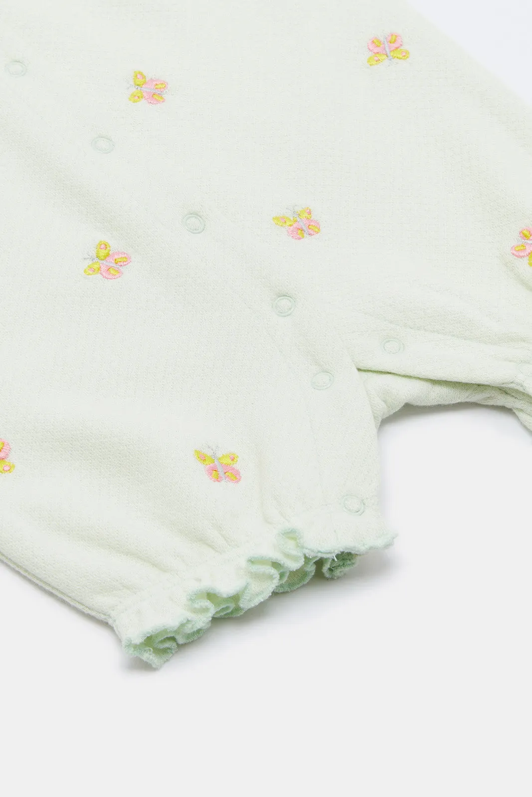 Baby Green Embellished Jacquard Romper And Headband (2 Piece)