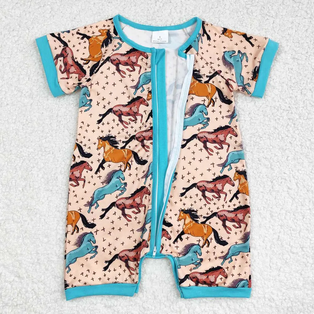 Baby Infant Boys Rompers Western Horse Short Sleeve Zip Rompers SR0934