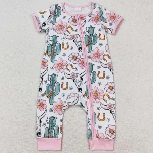 Baby Infant Girls Romper Cow Western Cactus Flowers Zip Rompers SR1109