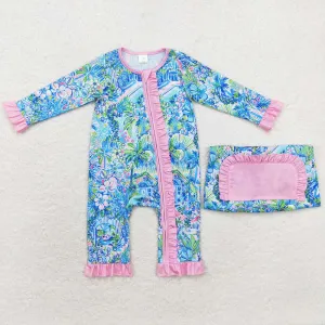 Baby Infant Girls Rompers Blue House Flowers Long Sleeve Rompers LR1339