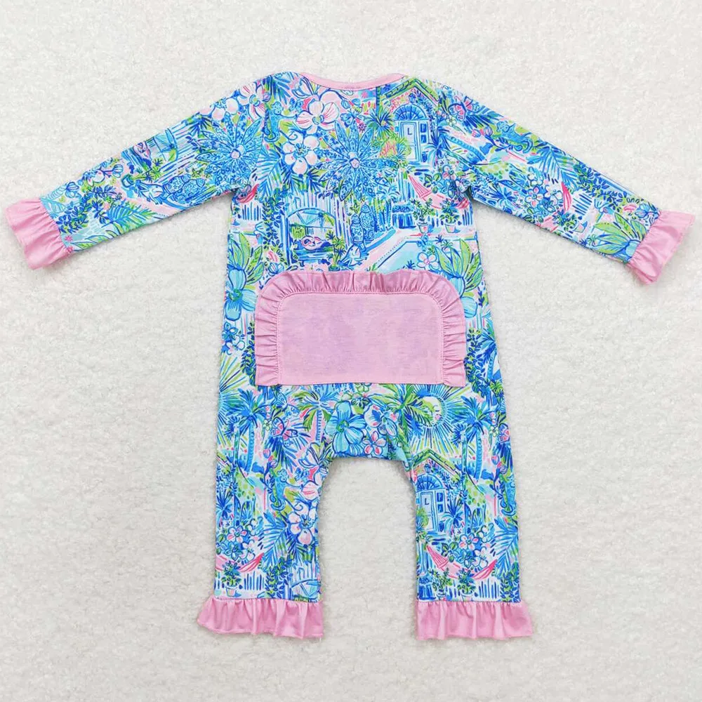 Baby Infant Girls Rompers Blue House Flowers Long Sleeve Rompers LR1339