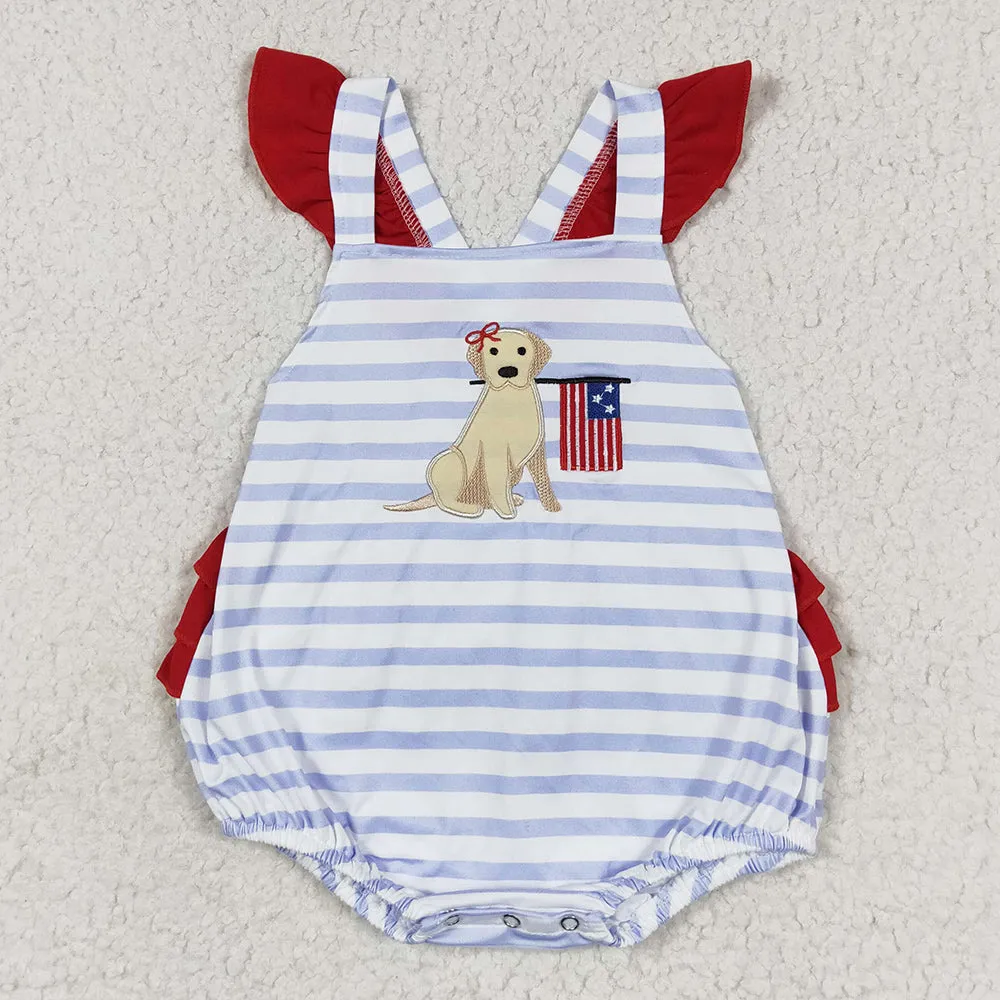 Baby Infant Girls Rompers Blue Stripes Dog Flag Straps Summer Rompers SR1081