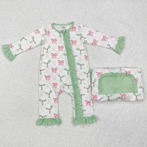 Baby Infant Girls Rompers Christmas Bows Holly Long Sleeve Zip Rompers LR1344