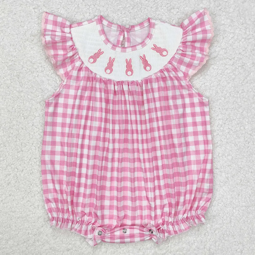 Baby Infant Girls Rompers Easter Rabbits Checkered Smocked Rompers SR2215