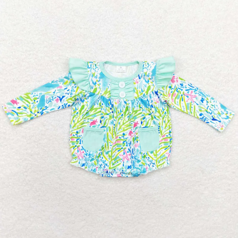 Baby Infant Girls Rompers Green Leaves Pockets Ruffles Rompers LR1353