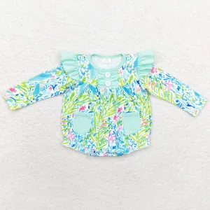 Baby Infant Girls Rompers Green Leaves Pockets Ruffles Rompers LR1353