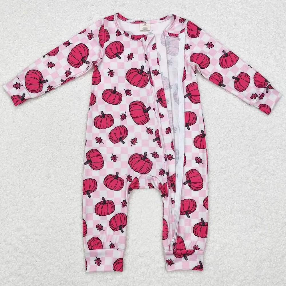 Baby Infant Girls Rompers Pink Checkered Pumpkins Fall Bamboo Zip Rompers LR1456