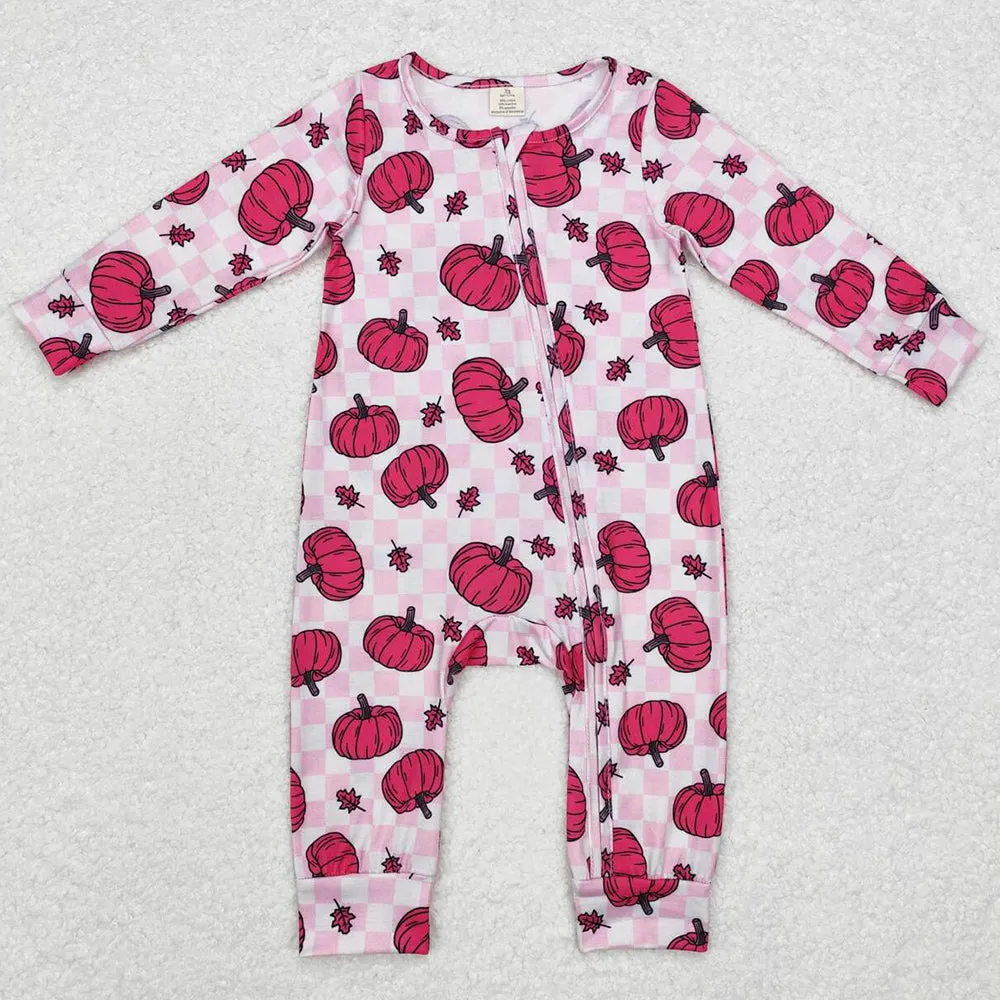 Baby Infant Girls Rompers Pink Checkered Pumpkins Fall Bamboo Zip Rompers LR1456