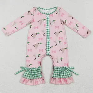 Baby Infant Girls Rompers Pink Mallard Ducks Buttons Bows Rompers LR1689