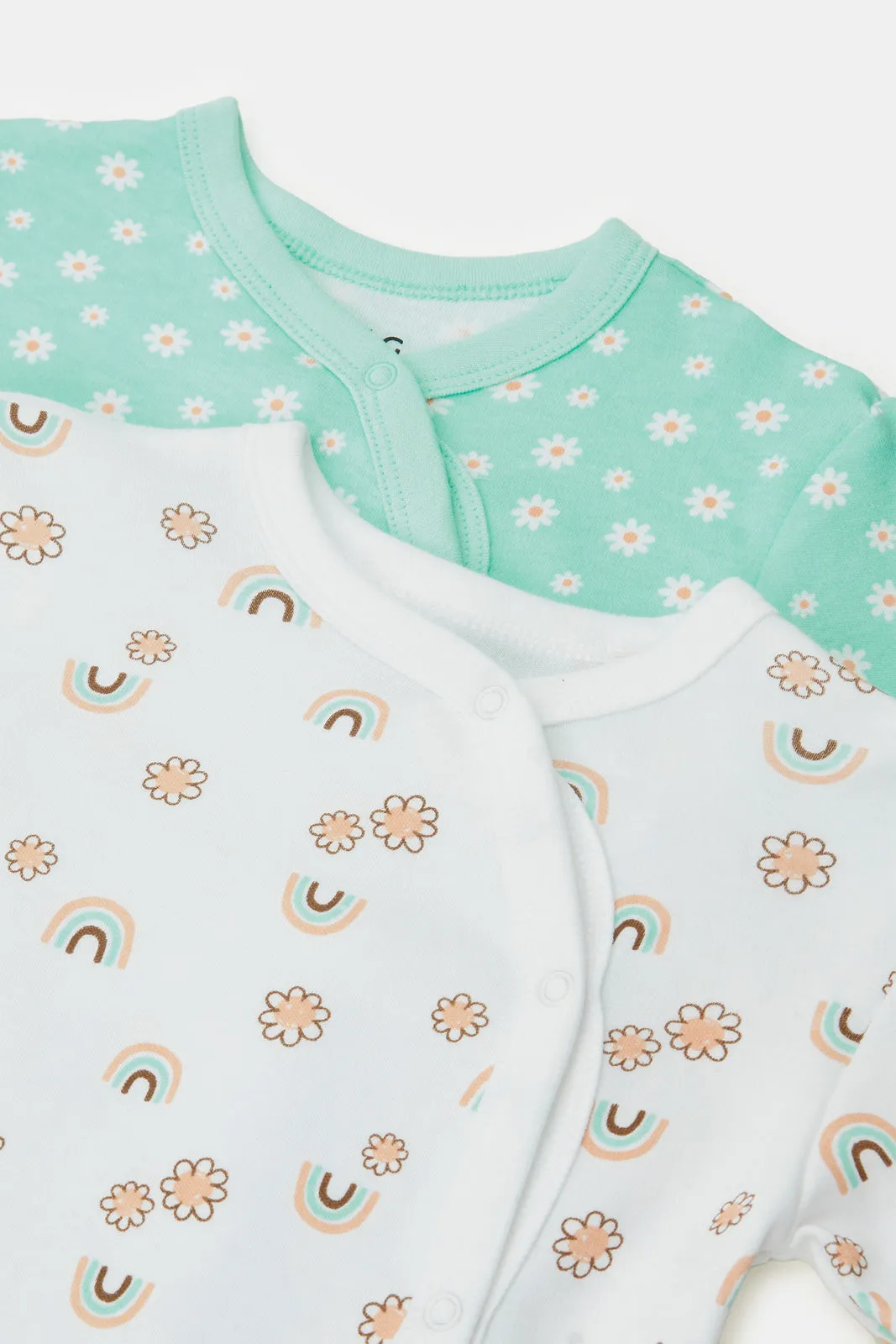 Baby Mint And White Printed Romper Set (Pack Of 2)