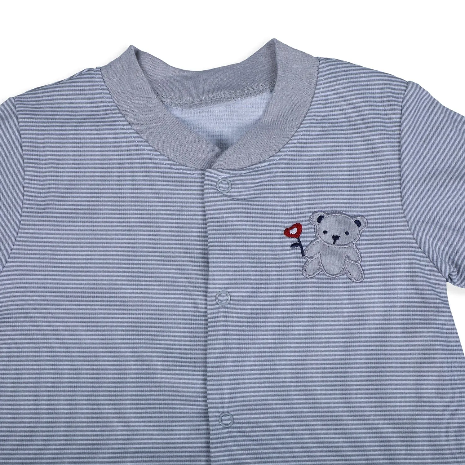 Baby Moo Happy Teddy Embroidered Soft Cotton Short Romper - Grey