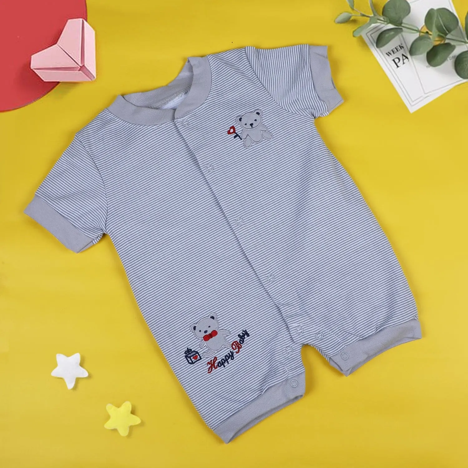 Baby Moo Happy Teddy Embroidered Soft Cotton Short Romper - Grey